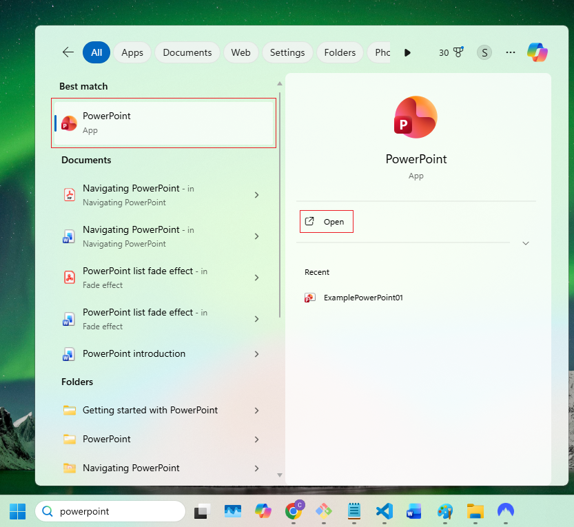 Searching for PowerPoint via taskbar